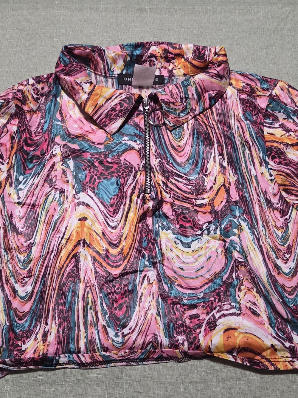 Vibrant Marble Print Zip-Front Top - Pink Teal Orange